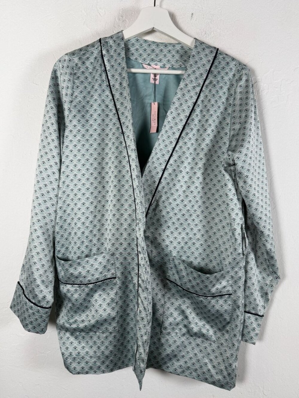 Victoria's Secret Satin Robe Sage Green Geometric Print Loungewear Wrap XS NWT